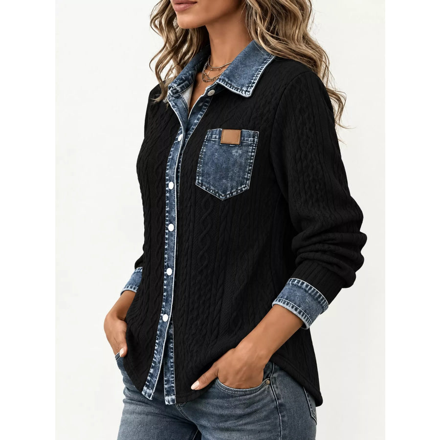 Full Size Contrast Denim Trim Textured Button-Down Shirt Plus Apparel and Accessories