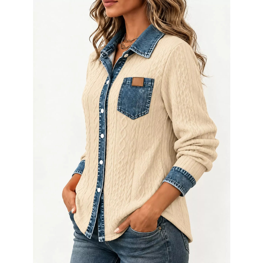 Full Size Contrast Denim Trim Textured Button-Down Shirt Plus Apricot / S Apparel and Accessories