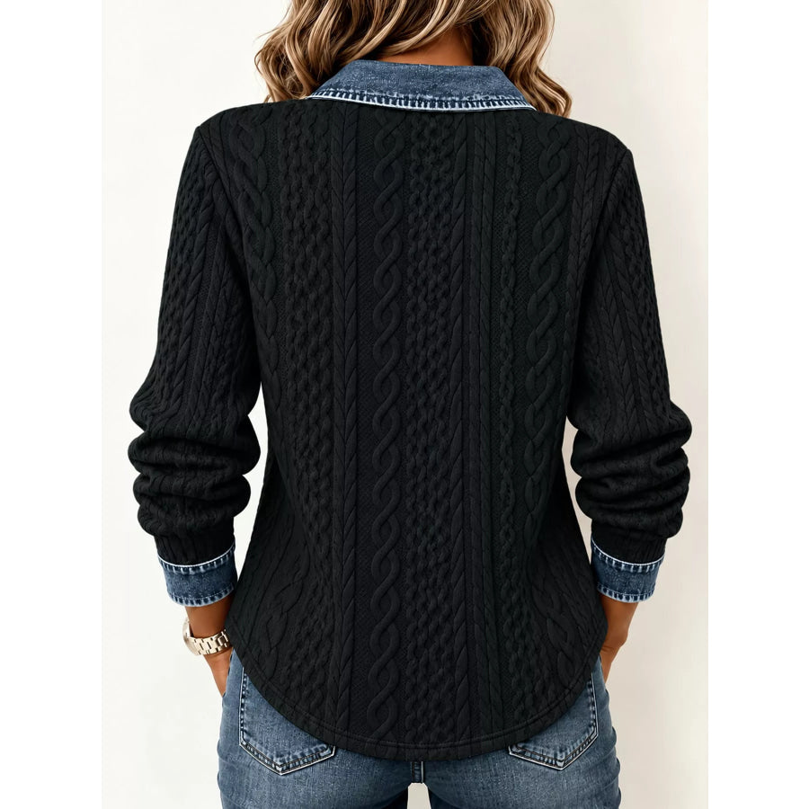 Full Size Contrast Denim Trim Textured Button-Down Shirt Plus Black / S Apparel and Accessories