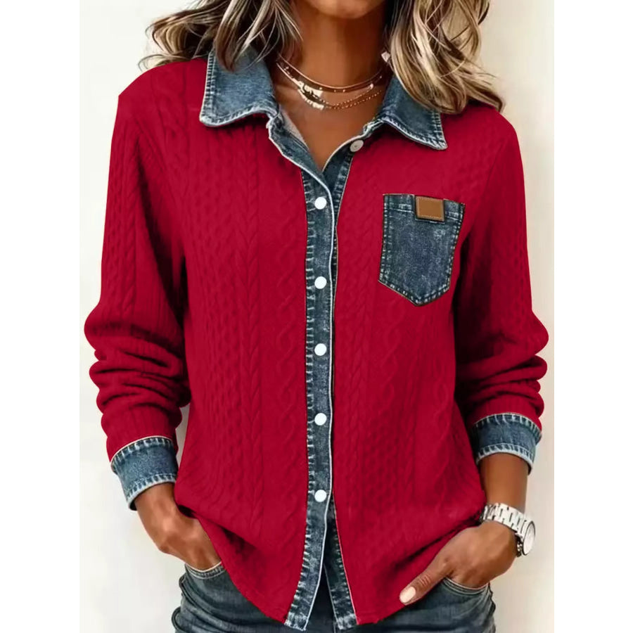 Full Size Contrast Denim Trim Textured Button-Down Shirt Plus Burgundy / S Apparel and Accessories