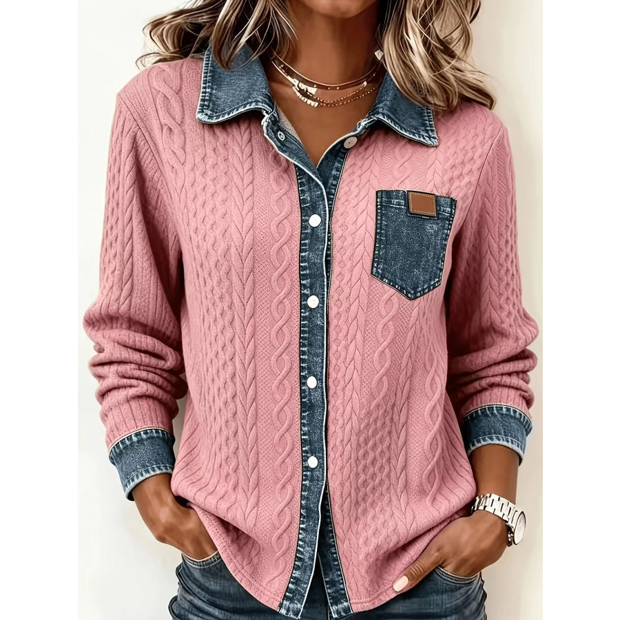 Full Size Contrast Denim Trim Textured Button-Down Shirt Plus Pink / S Apparel and Accessories