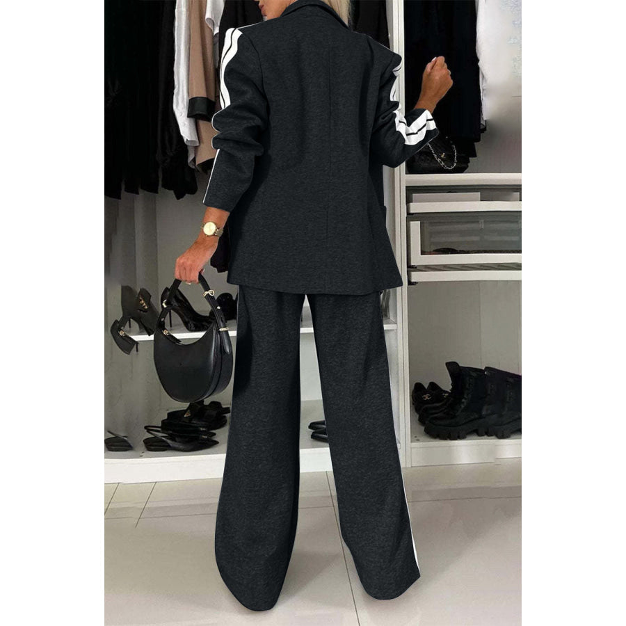 Full Size Contrast Lapel Collar Top and Pants Set Apparel and Accessories