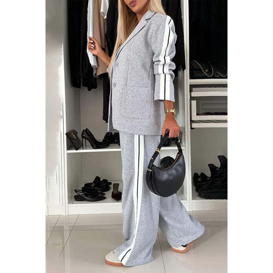 Full Size Contrast Lapel Collar Top and Pants Set Light Gray / S Apparel and Accessories