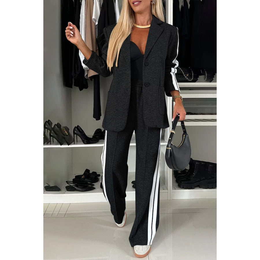 Full Size Contrast Lapel Collar Top and Pants Set Black / S Apparel and Accessories