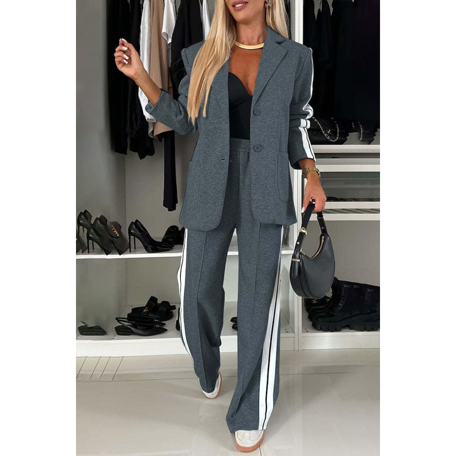 Full Size Contrast Lapel Collar Top and Pants Set French Blue / S Apparel and Accessories