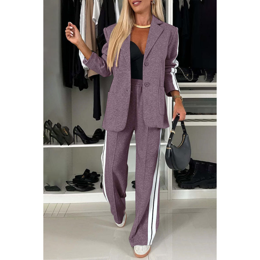 Full Size Contrast Lapel Collar Top and Pants Set Mauve / S Apparel and Accessories