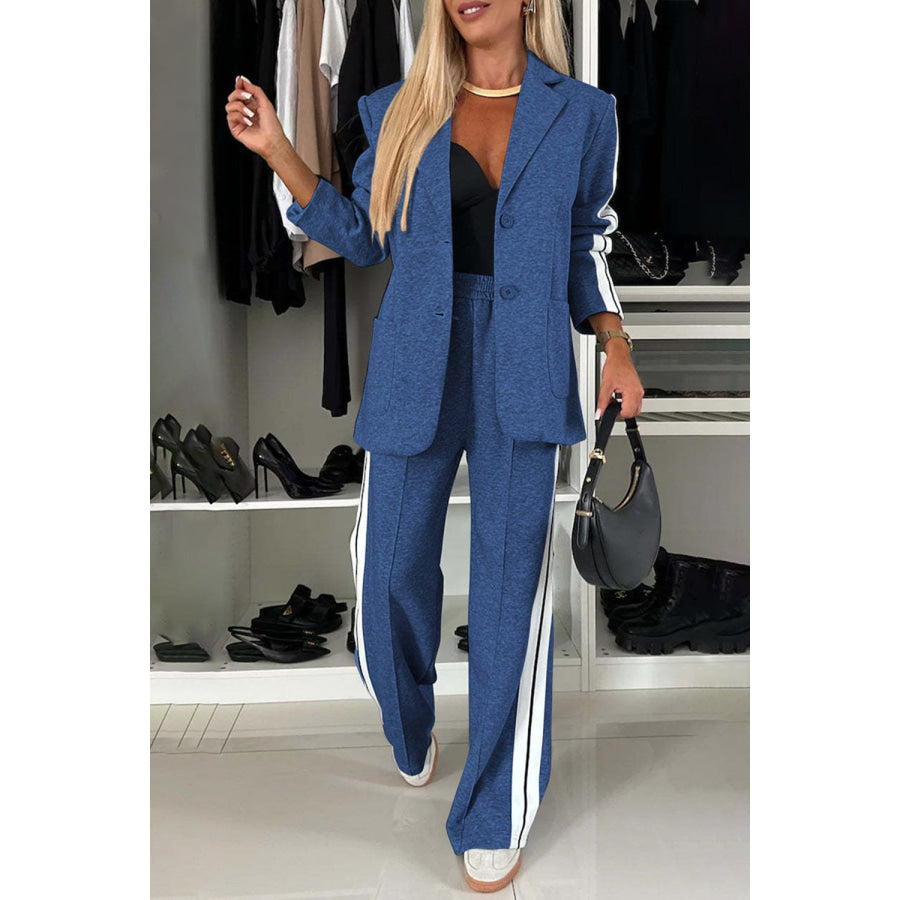 Full Size Contrast Lapel Collar Top and Pants Set Royal Blue / S Apparel and Accessories