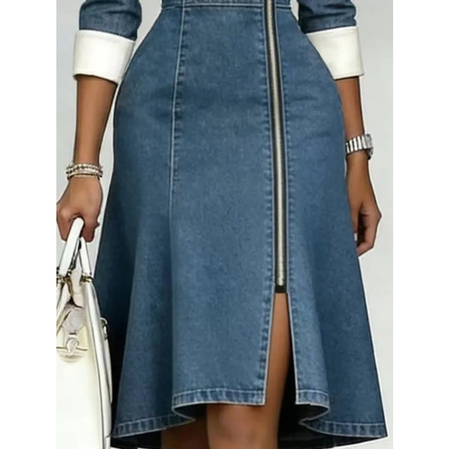 Full Size Contrast Lapel Zip-Front Denim Dress Plus Apparel and Accessories