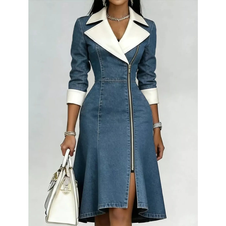 Full Size Contrast Lapel Zip-Front Denim Dress Plus Blue / S Apparel and Accessories