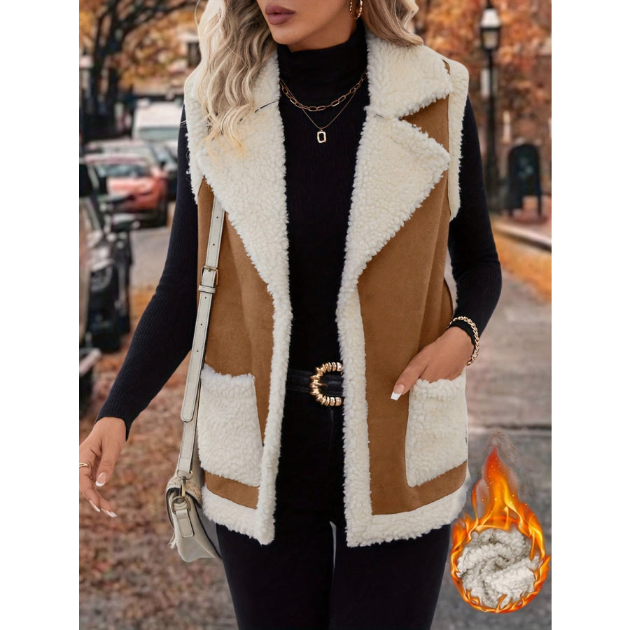 Full Size Contrast Open Front Sherpa Vest Coat Apparel and Accessories