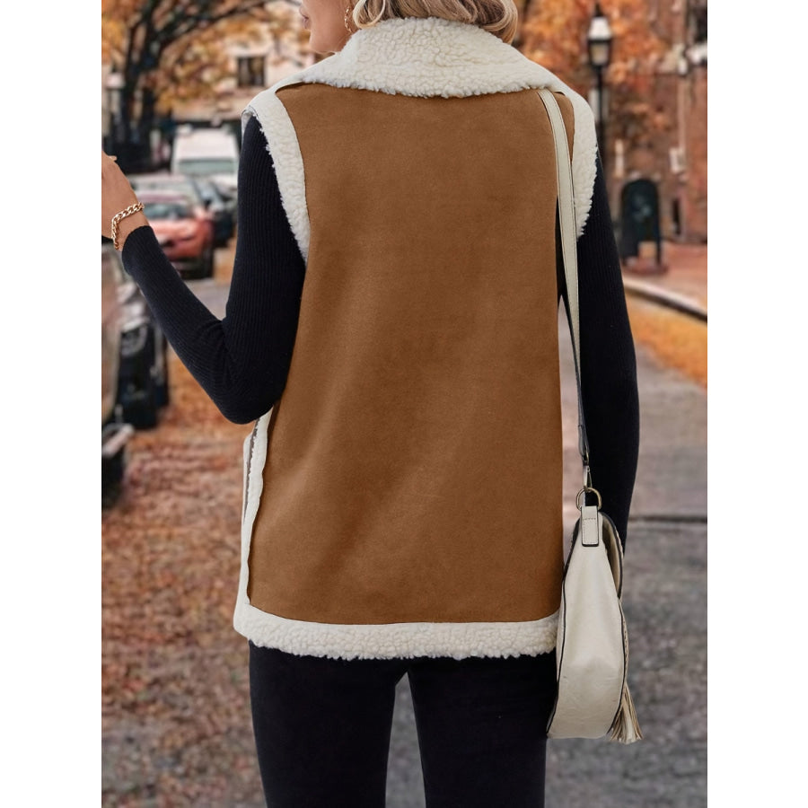 Full Size Contrast Open Front Sherpa Vest Coat Apparel and Accessories