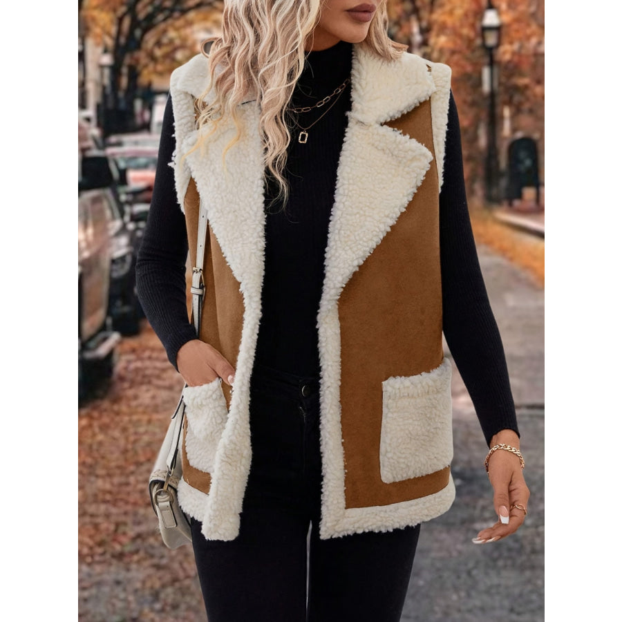 Full Size Contrast Open Front Sherpa Vest Coat Apparel and Accessories