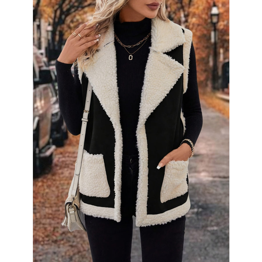 Full Size Contrast Open Front Sherpa Vest Coat Apparel and Accessories