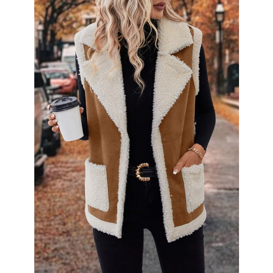 Full Size Contrast Open Front Sherpa Vest Coat Apparel and Accessories