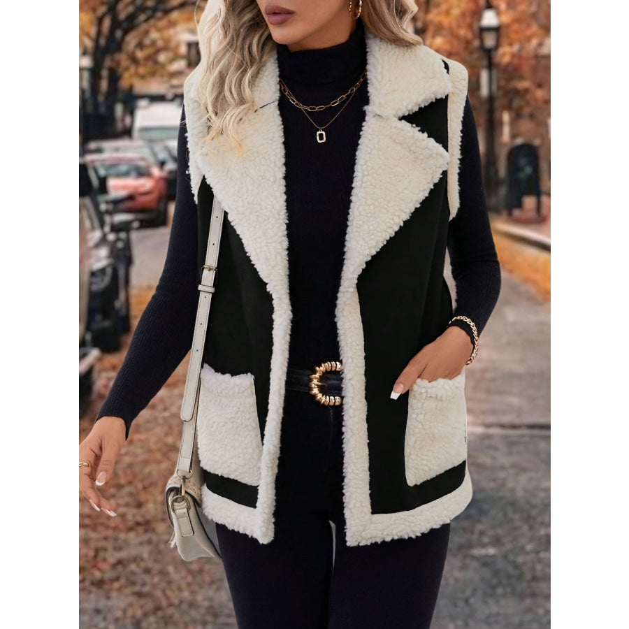 Full Size Contrast Open Front Sherpa Vest Coat Apparel and Accessories