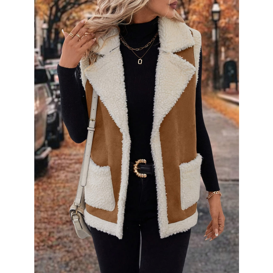 Full Size Contrast Open Front Sherpa Vest Coat Apparel and Accessories