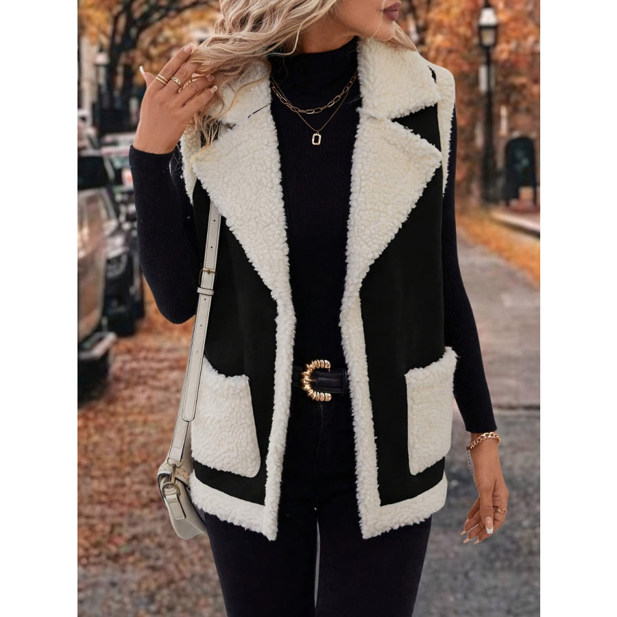 Full Size Contrast Open Front Sherpa Vest Coat Apparel and Accessories