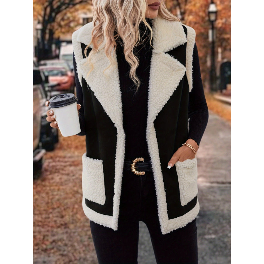 Full Size Contrast Open Front Sherpa Vest Coat Apparel and Accessories