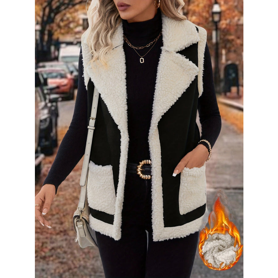 Full Size Contrast Open Front Sherpa Vest Coat Black / S Apparel and Accessories