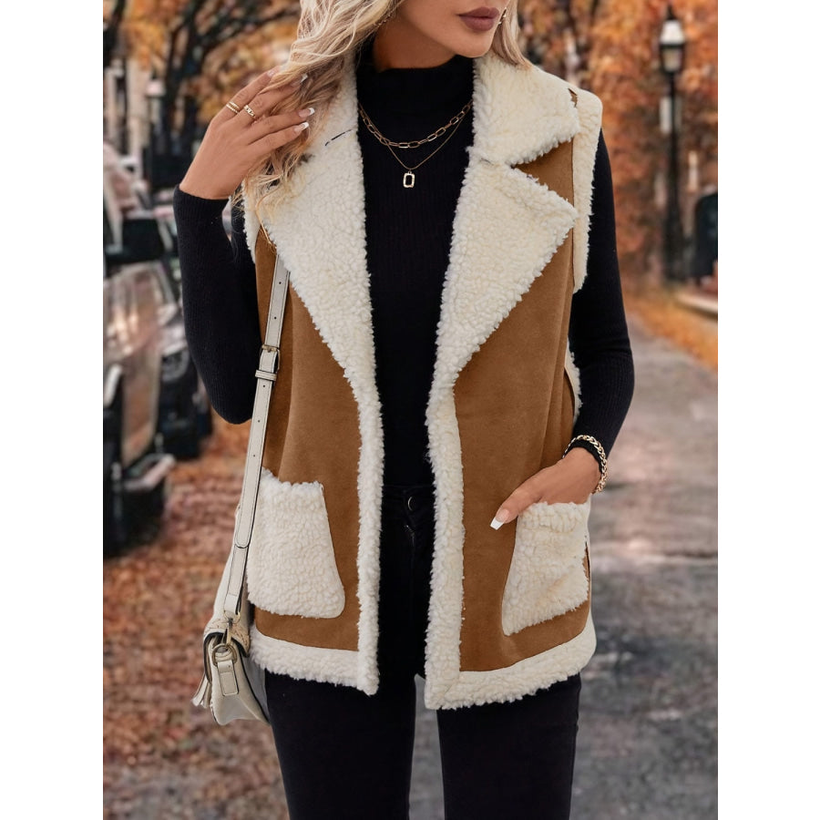 Full Size Contrast Open Front Sherpa Vest Coat Camel / S Apparel and Accessories