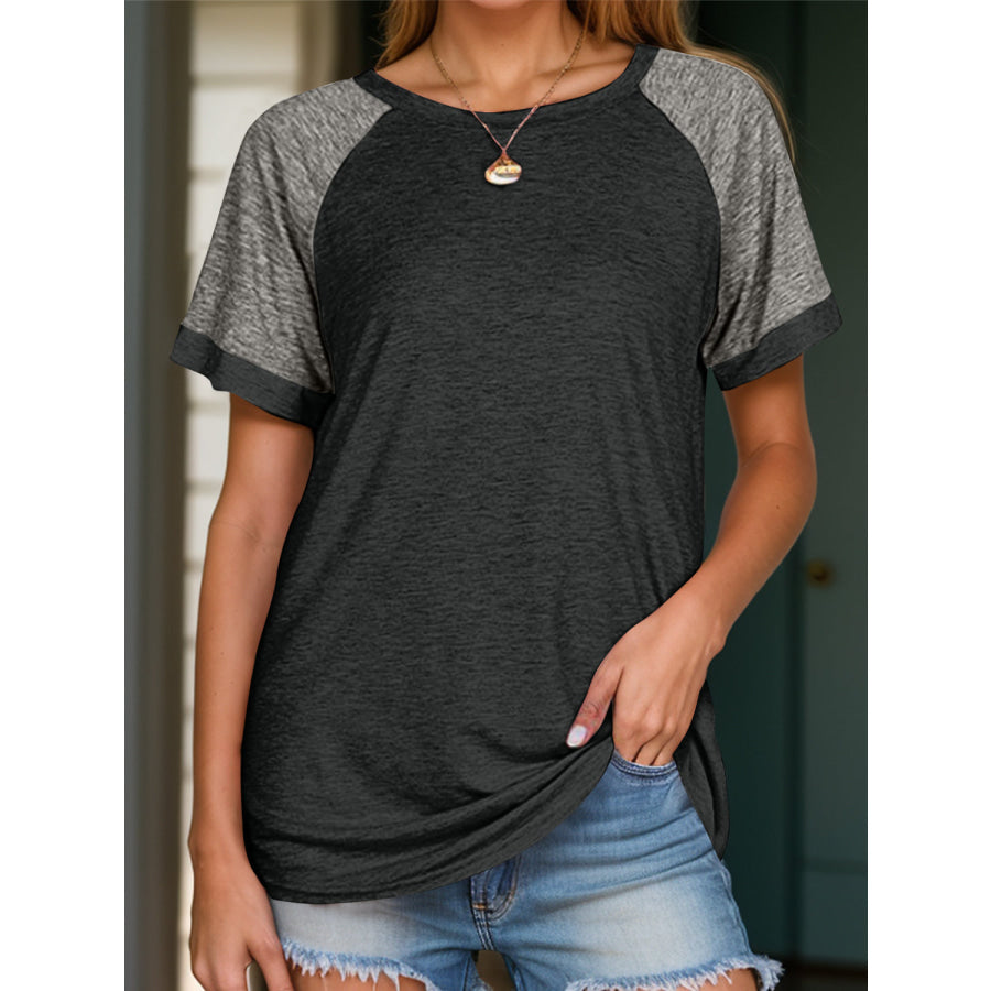 Full Size Contrast Round Neck Short Sleeve T-Shirt Apparel and Accessories