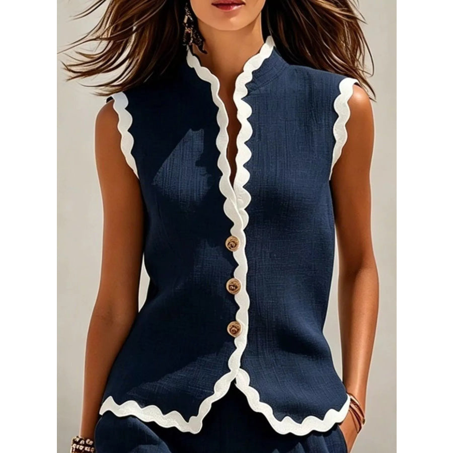 Full Size Contrast Scalloped Trim Sleeveless Top and Shorts Set Plus Size Apparel and Accessories