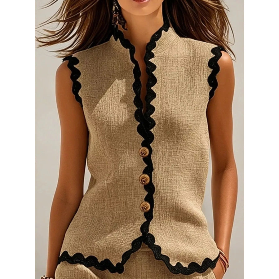 Full Size Contrast Scalloped Trim Sleeveless Top and Shorts Set Plus Size Apparel and Accessories