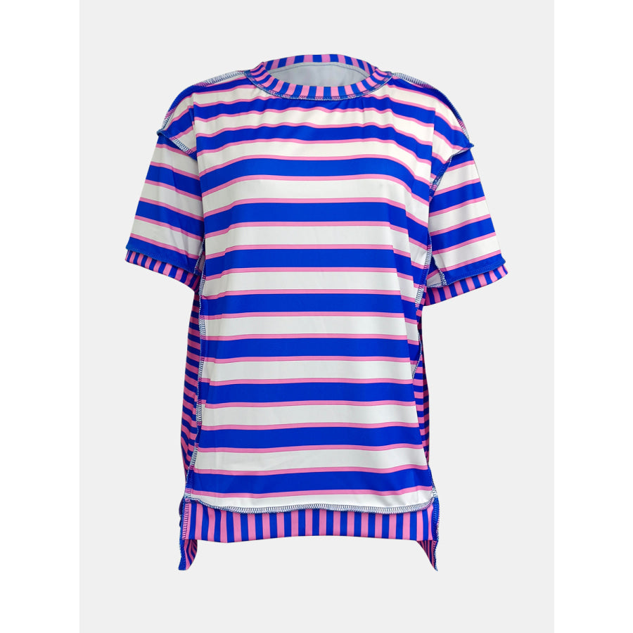 Full Size Contrast Stitching Striped Round Neck T-Shirt Heliotrope Purple / S Apparel and Accessories