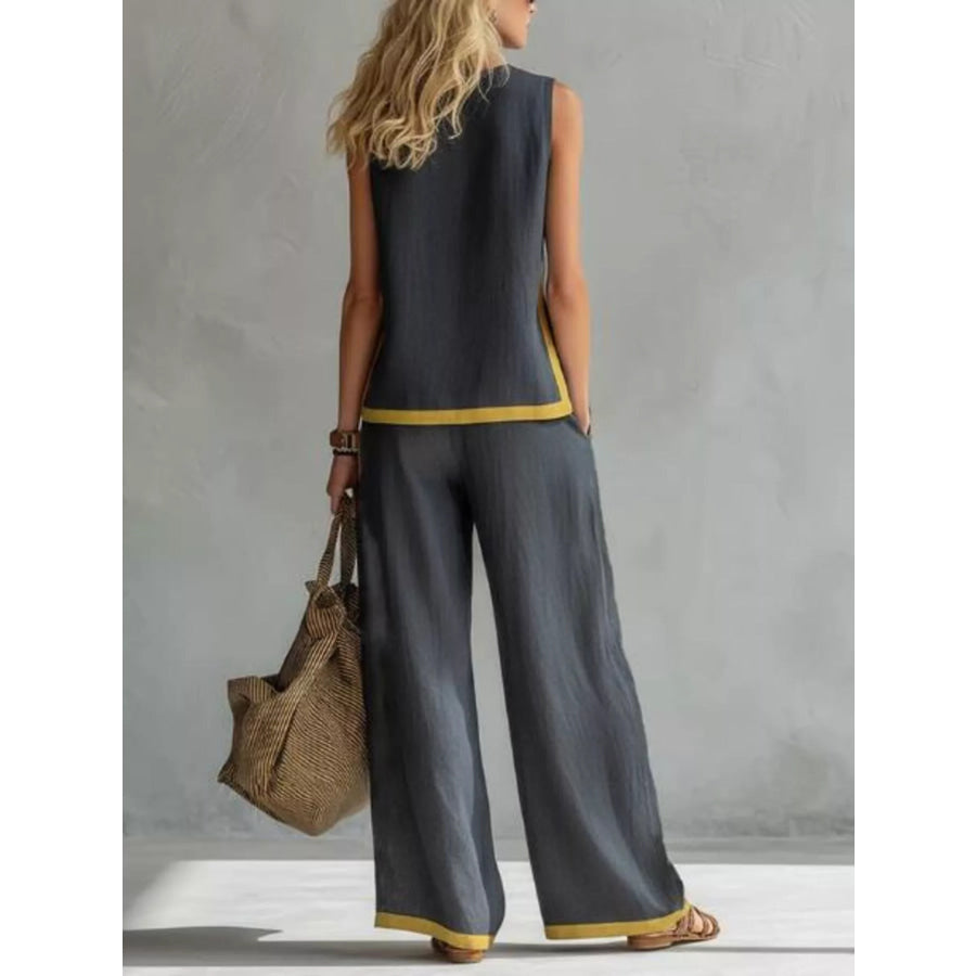 Full Size Contrast Stripe Sleeveless Top & Wide-Leg Pants Set Plus Size Apparel and Accessories