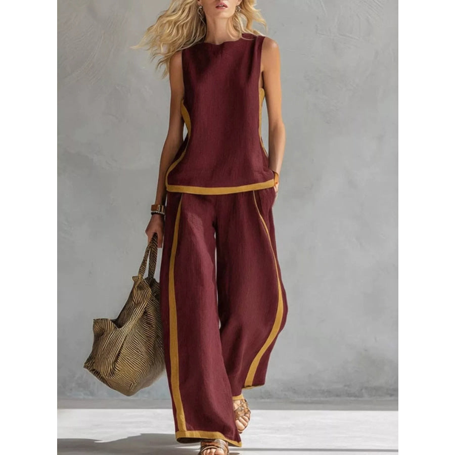 Full Size Contrast Stripe Sleeveless Top & Wide-Leg Pants Set Plus Size Burgundy / S Apparel and Accessories