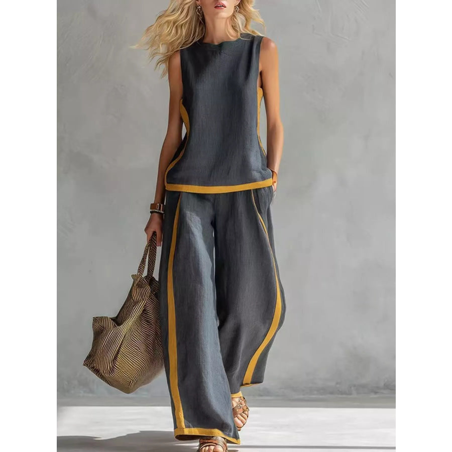 Full Size Contrast Stripe Sleeveless Top & Wide-Leg Pants Set Plus Size Dark Gray / S Apparel and Accessories