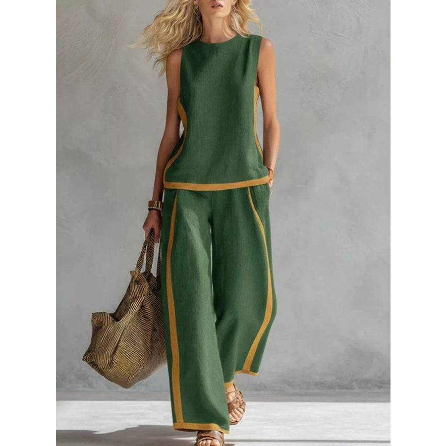 Full Size Contrast Stripe Sleeveless Top & Wide-Leg Pants Set Plus Size Green / S Apparel and Accessories