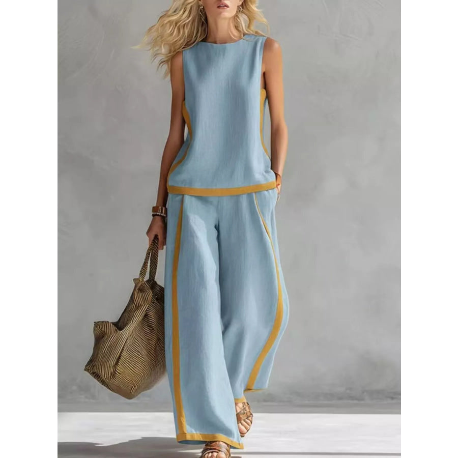 Full Size Contrast Stripe Sleeveless Top & Wide-Leg Pants Set Plus Size Light Blue / S Apparel and Accessories