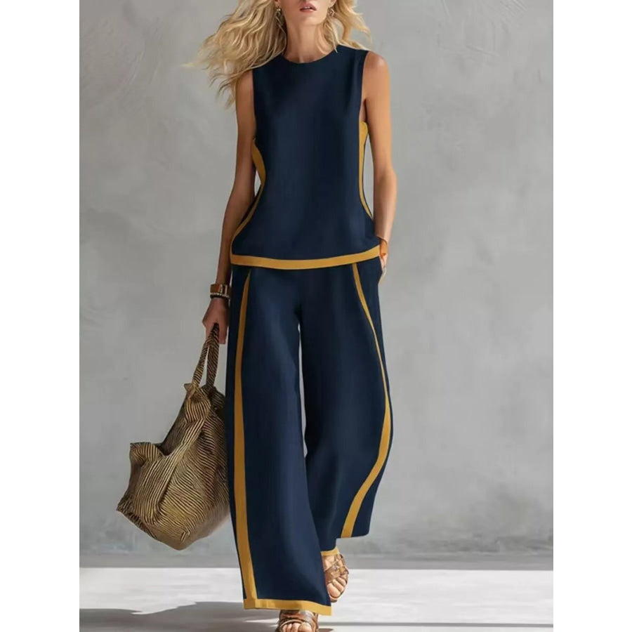 Full Size Contrast Stripe Sleeveless Top & Wide-Leg Pants Set Plus Size Navy Blue / S Apparel and Accessories