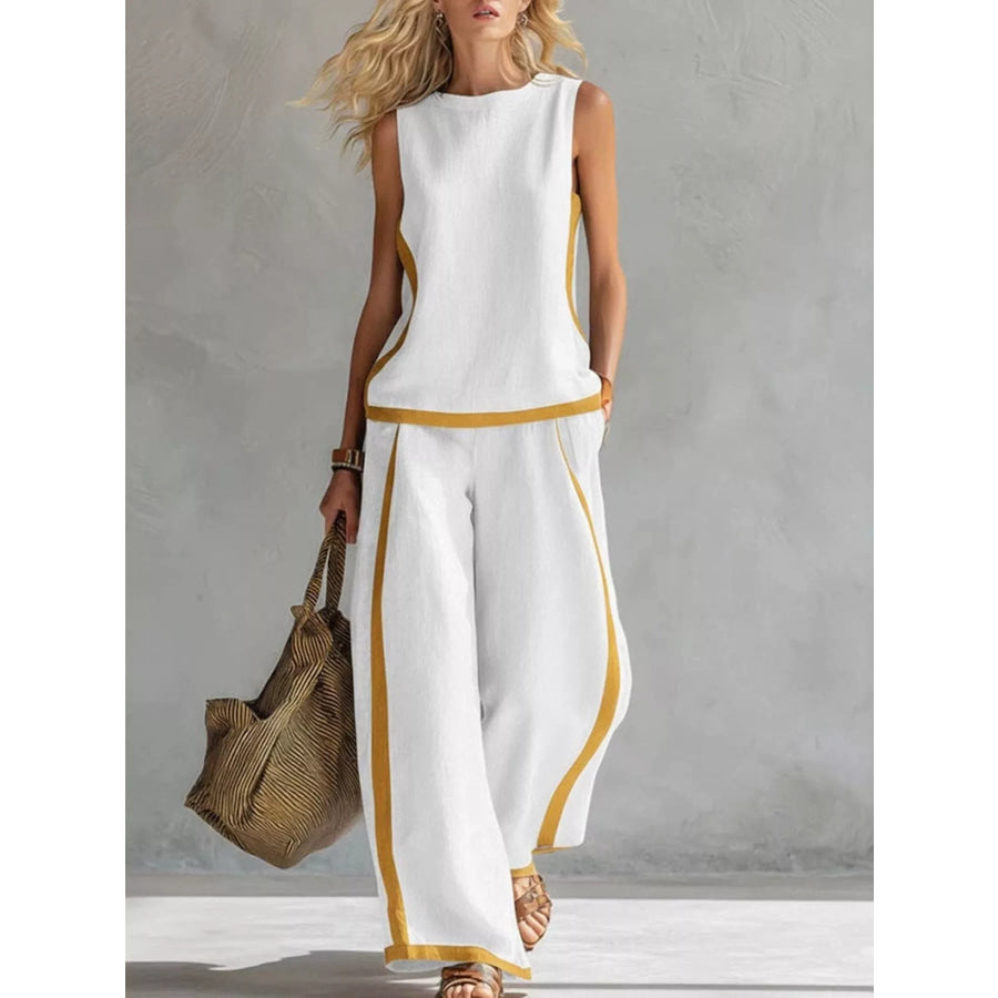 Full Size Contrast Stripe Sleeveless Top & Wide-Leg Pants Set Plus Size White / S Apparel and Accessories