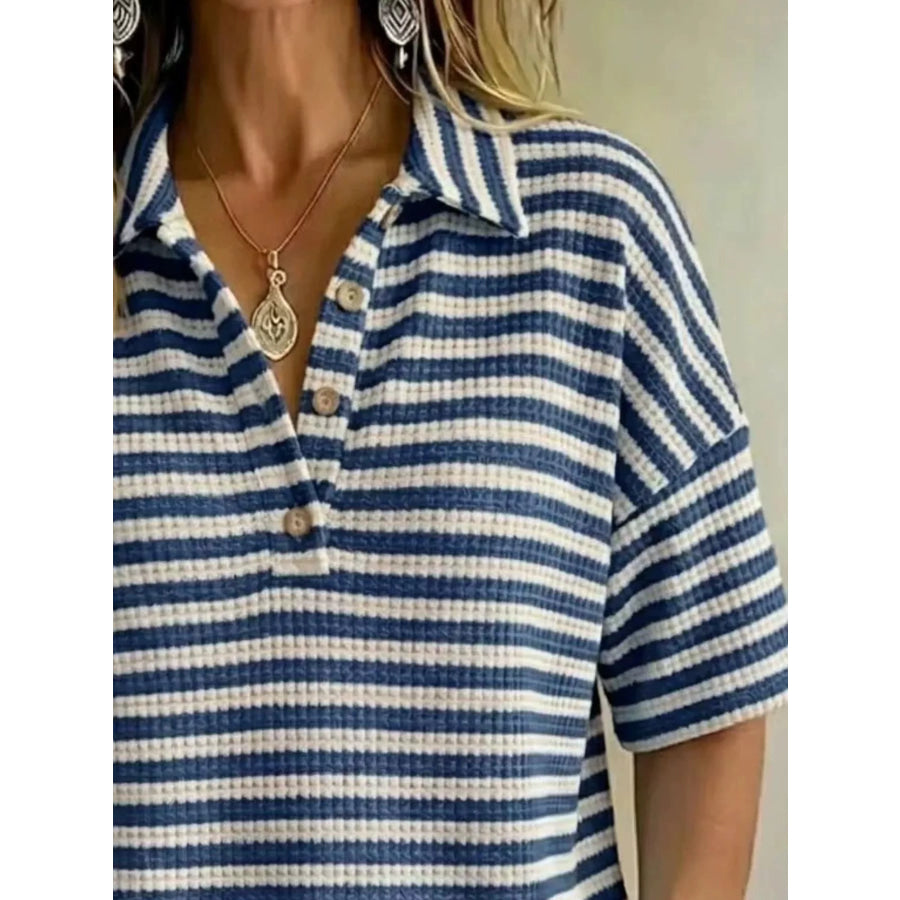 Full Size Contrast Striped Knit Polo Shirt Plus Size Apparel and Accessories