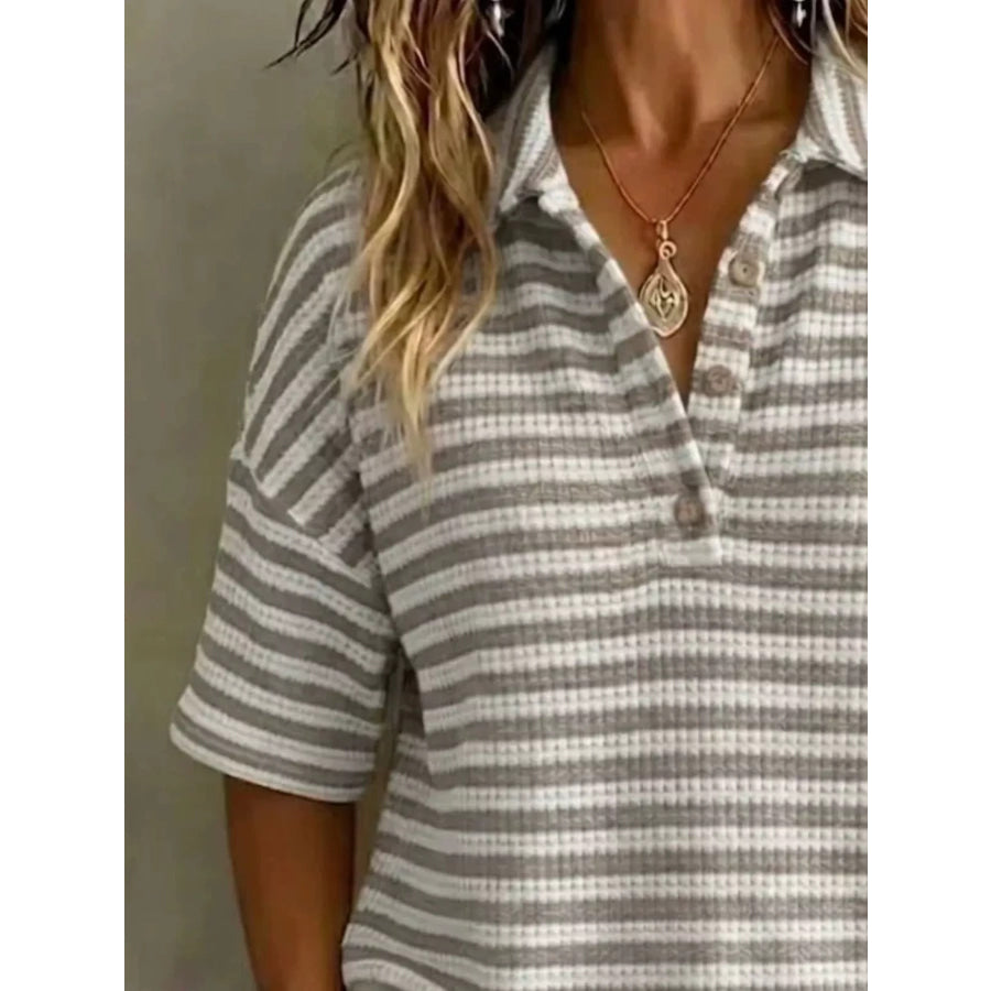 Full Size Contrast Striped Knit Polo Shirt Plus Size Apparel and Accessories