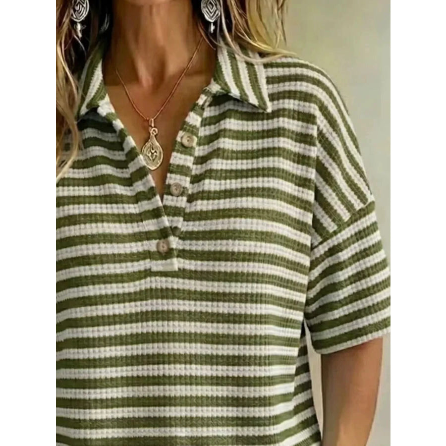 Full Size Contrast Striped Knit Polo Shirt Plus Size Apparel and Accessories