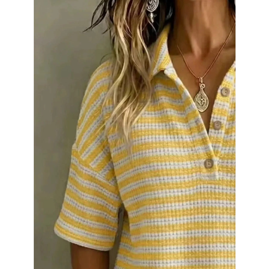 Full Size Contrast Striped Knit Polo Shirt Plus Size Apparel and Accessories