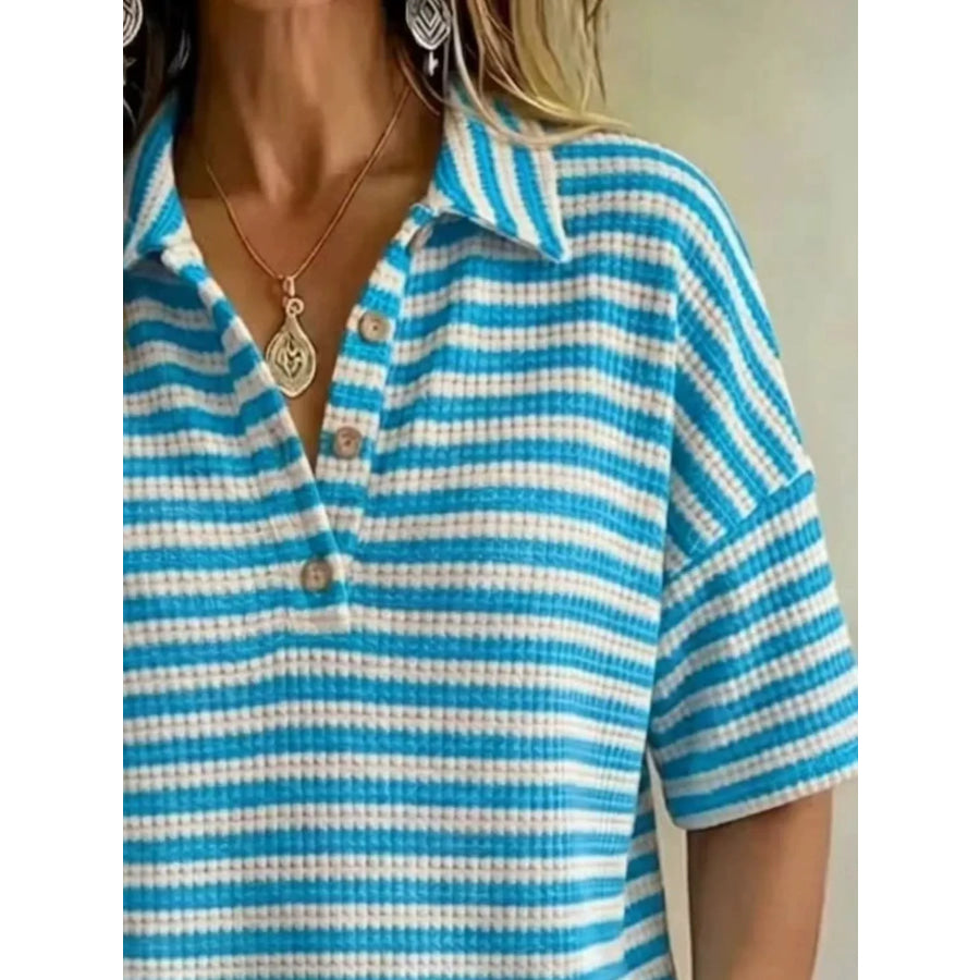 Full Size Contrast Striped Knit Polo Shirt Plus Size Apparel and Accessories