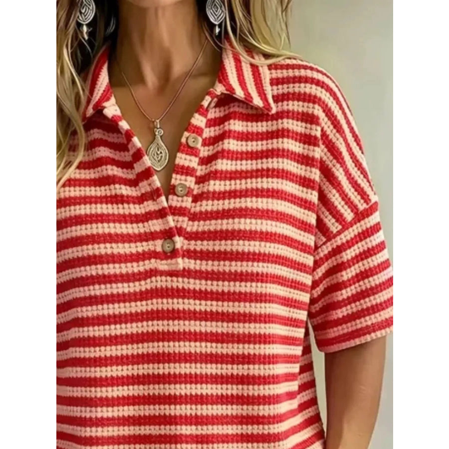 Full Size Contrast Striped Knit Polo Shirt Plus Size Apparel and Accessories