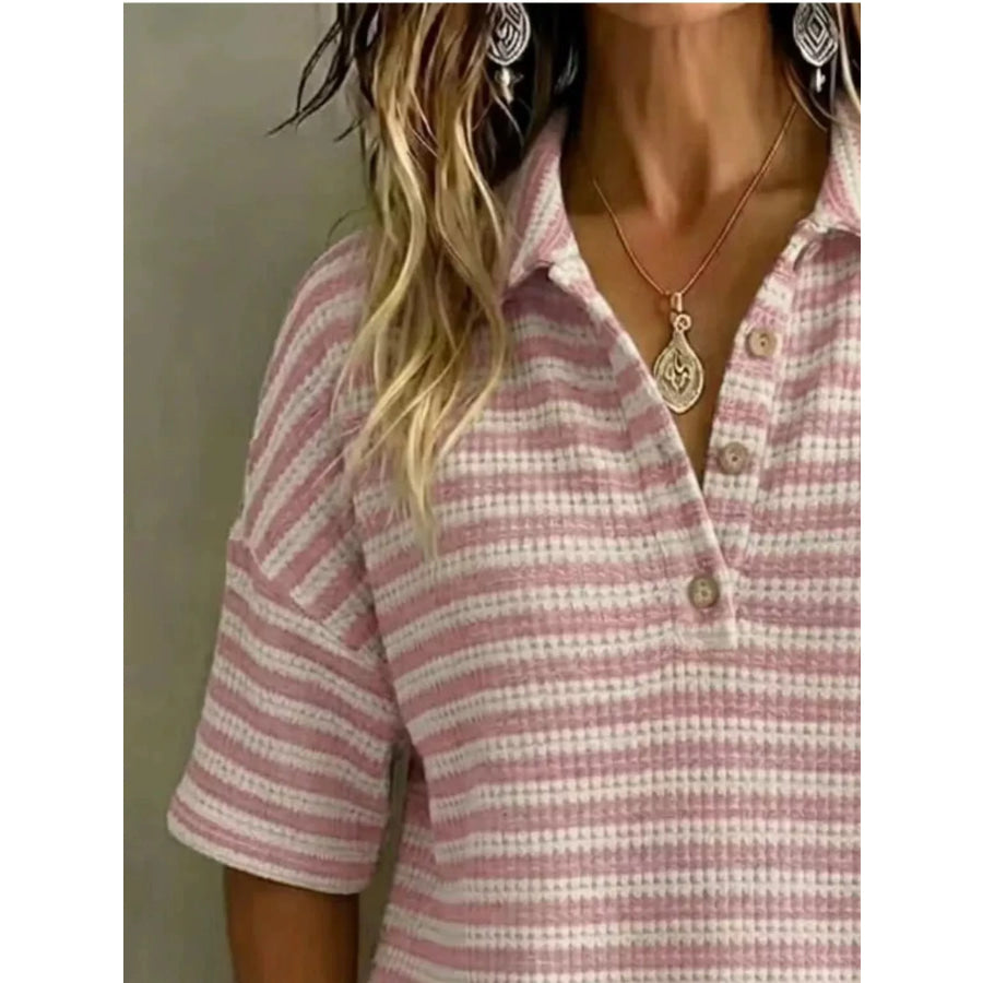 Full Size Contrast Striped Knit Polo Shirt Plus Size Apparel and Accessories