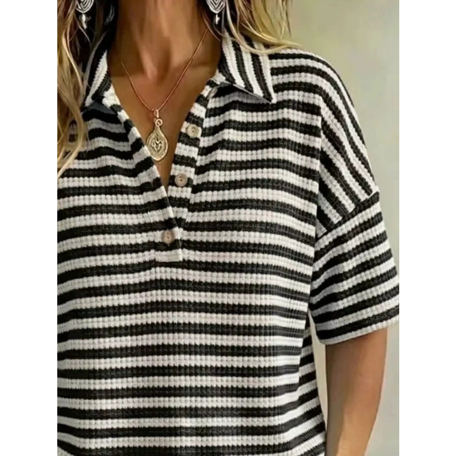 Full Size Contrast Striped Knit Polo Shirt Plus Size Apparel and Accessories