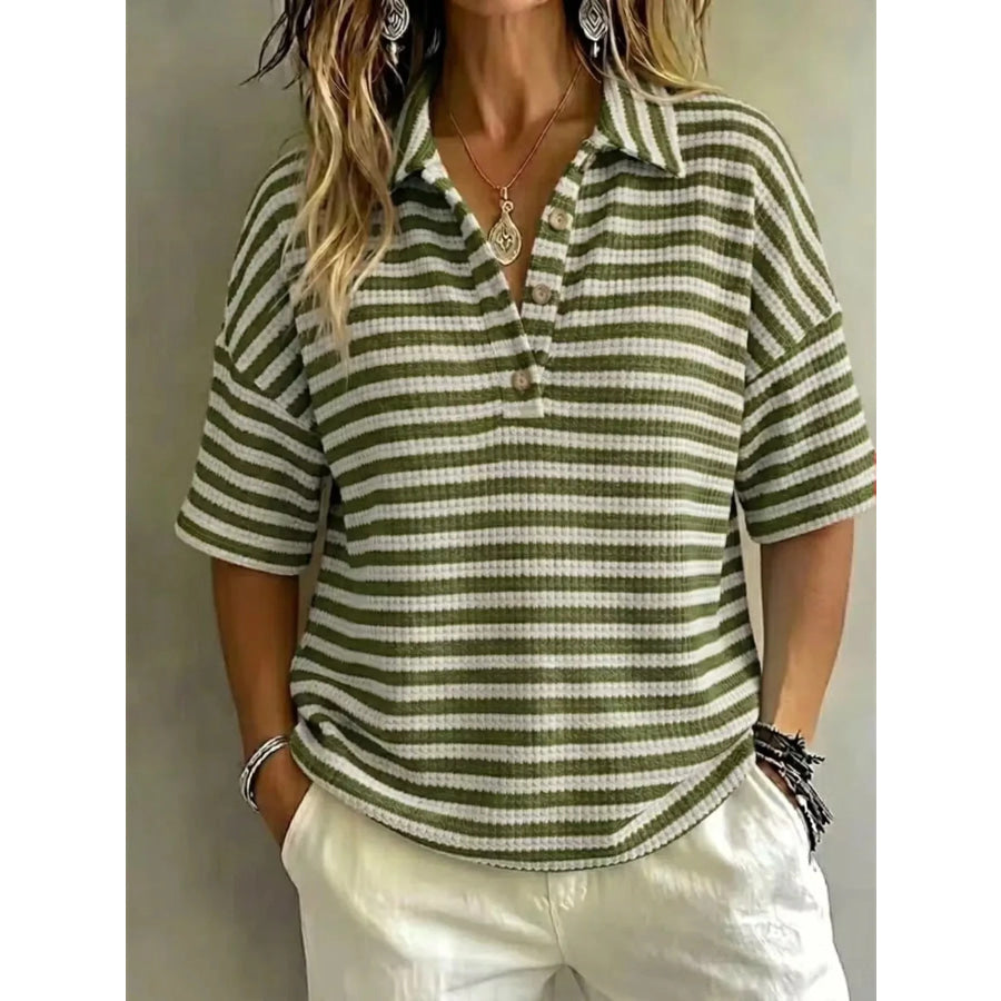 Full Size Contrast Striped Knit Polo Shirt Plus Size Army Green / S Apparel and Accessories