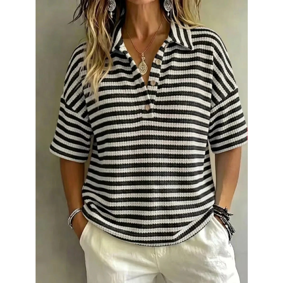 Full Size Contrast Striped Knit Polo Shirt Plus Size Black / S Apparel and Accessories