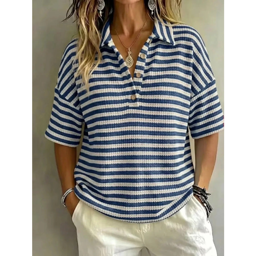Full Size Contrast Striped Knit Polo Shirt Plus Size Blue / S Apparel and Accessories
