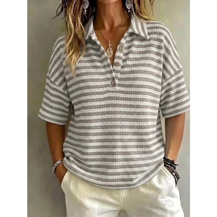 Full Size Contrast Striped Knit Polo Shirt Plus Size Light Gray / S Apparel and Accessories