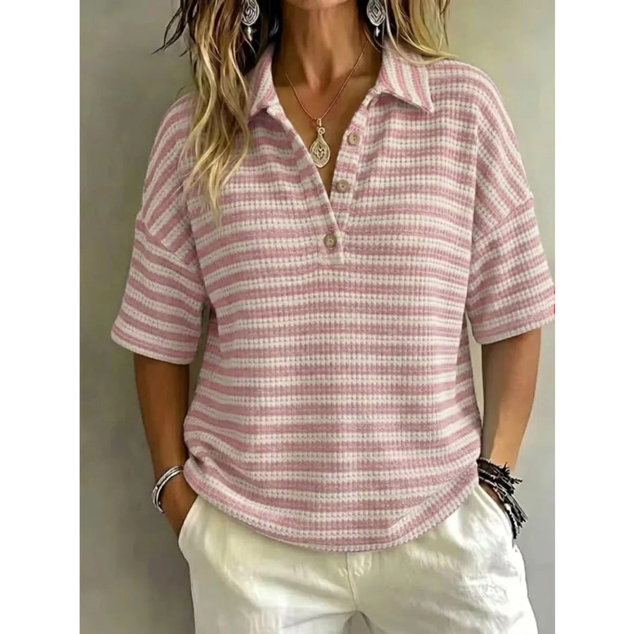 Full Size Contrast Striped Knit Polo Shirt Plus Size Pink / S Apparel and Accessories