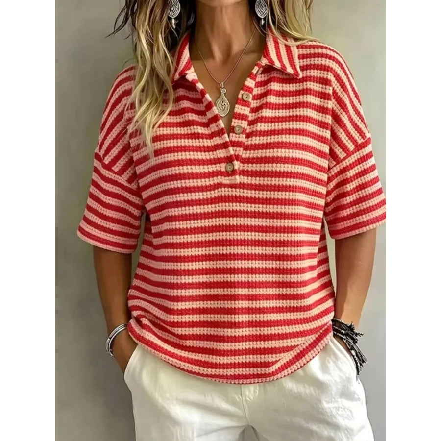 Full Size Contrast Striped Knit Polo Shirt Plus Size Red / S Apparel and Accessories