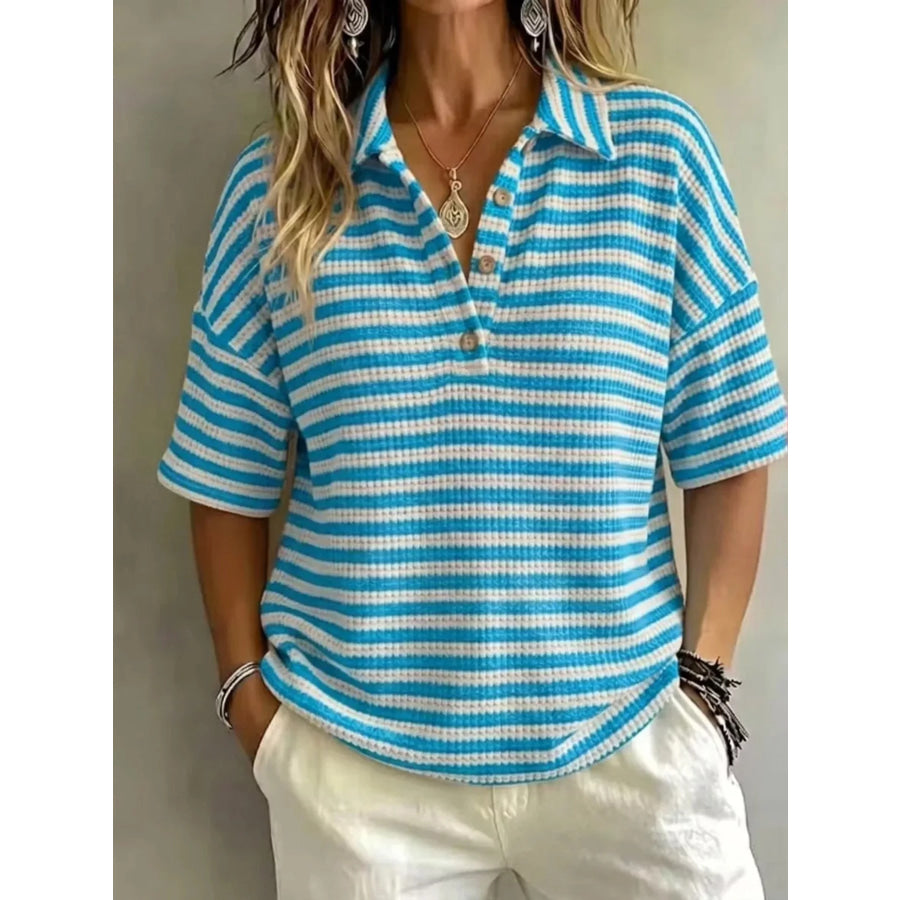 Full Size Contrast Striped Knit Polo Shirt Plus Size Sky Blue / S Apparel and Accessories